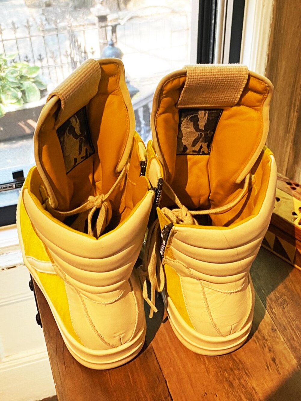 Rick Owens Geobasket Yellow Leather High Top Sneakers Size 9 Designer Shoes - Picture 3 of 4